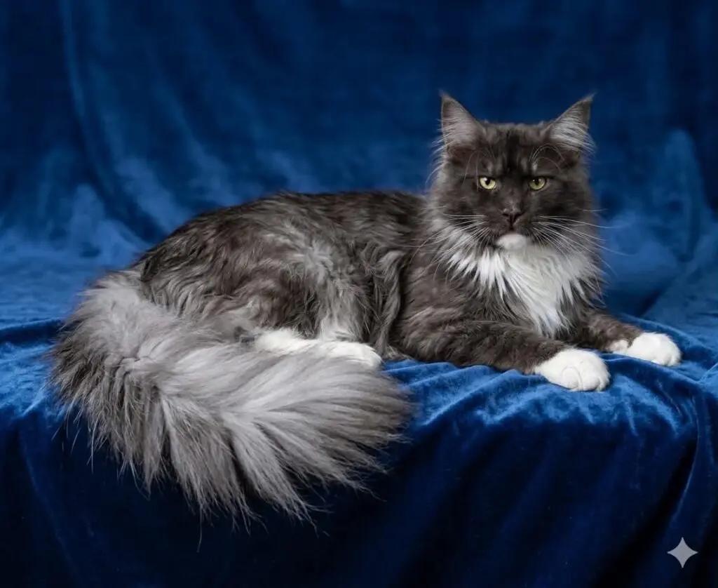Black smoke Maine Coon cat with a white chest reclining on rich blue velvet.