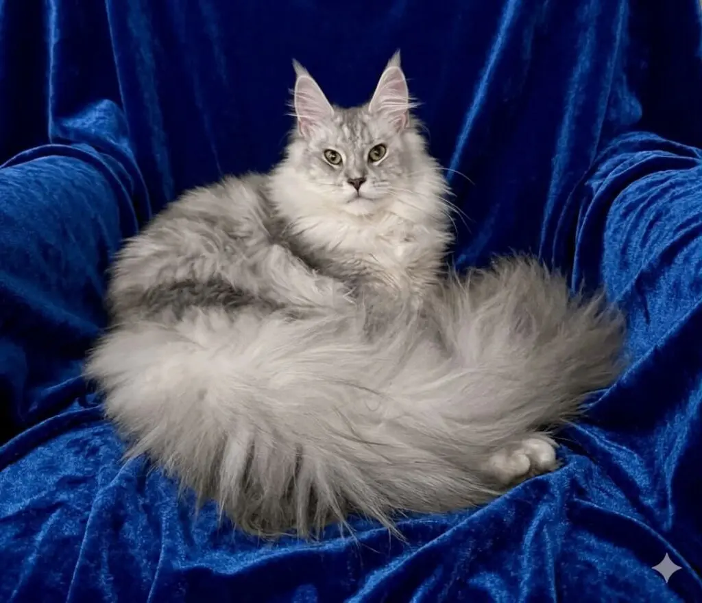 Silver shaded Maine Coon cat with a long plume tail reclining on blue velvet.