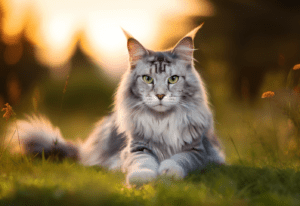 A cat sitting in the grass looking at the camera.