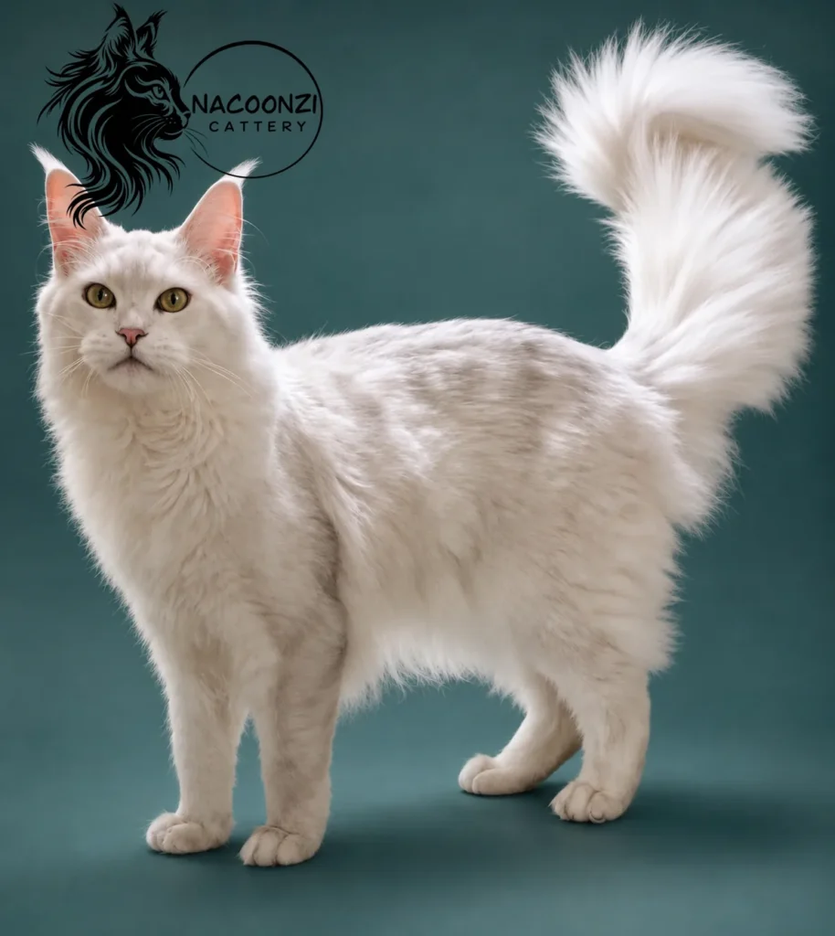 Adult white Maine Coon cat standing with a full plume tail against a teal background