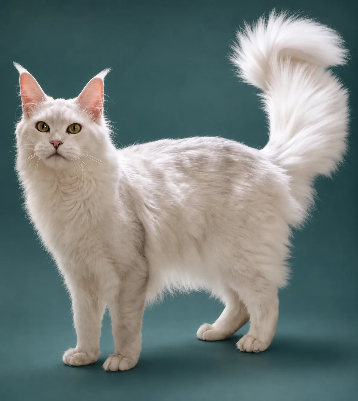 Adult white Maine Coon cat standing with tail raised against teal